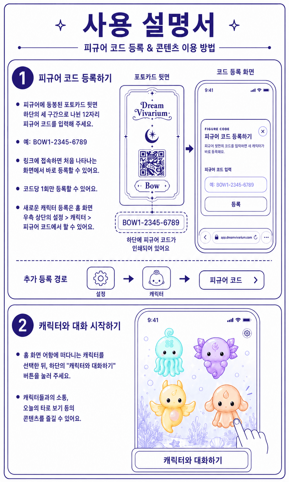 피규어 코드 등록 & 콘텐츠 이용 방법 — 포토카드 뒷면의 12자리 피규어 코드를 입력해 캐릭터를 등록하고, 홈 화면 어항에서 캐릭터를 선택해 대화를 시작합니다.